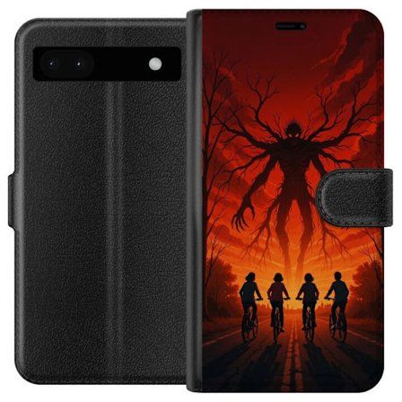 Kompatibelt Plånboksfodral till Google Google Pixel 6a Mörk Stranger Things-inspirerad skräckillustration med röd himmel, monsterfigur och cykland