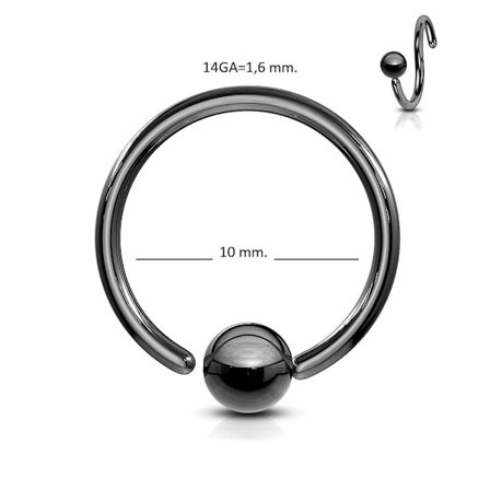 Flexibel BCR Piercing i IP Svart 316L stål 14 GA-10 mm Ø
