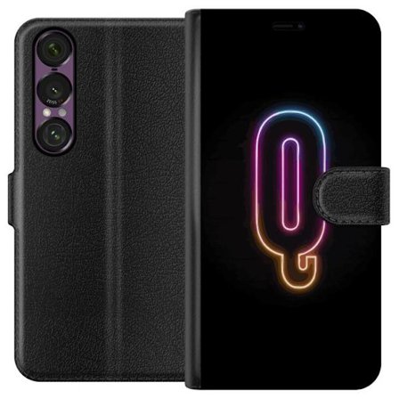 Kompatibelt Plånboksfodral till Sony Sony Xperia 1 VII Minimalistisk neonbokstav Q i lysande färger mot mörk bakgrund