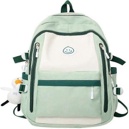 Smiley Face Kawaii -reppu lisätarvikkeilla, mustajalkainen ankka -riipus, useita taskuja, esteettinen söpö reppu (vihreä) -HK908