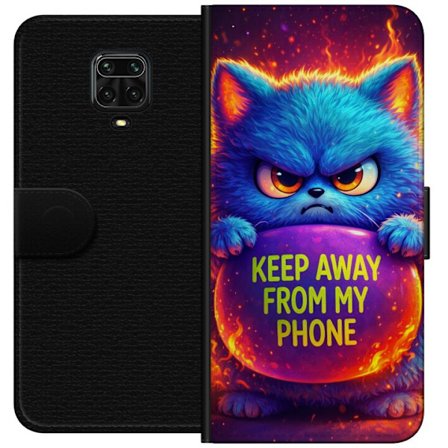 Kompatibelt Lommeboketui til Xiaomi Xiaomi Redmi Note 9S Sinna lodne blå katt med teksten "Hold deg unna telefonen min" i neonfarger og ildlignende e