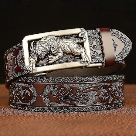 Automatisk spænde med dyretiger til mænd, afslappet retro bælte, udskårne bælter i okselæder, gaveidé til ferien