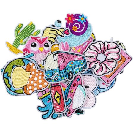 Broderede strygemærker til tøj og tilbehør: 20 stk. tilfældigt blandet sæt inklusive Kawaii-design strygemærker og broderitilbehør