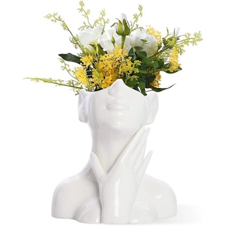 Valkoinen keraaminen kasvomaljakko, naisen muotoinen pää, puolivartalomaljakot, boheemi koristeellinen moderni pohjoismainen tyyli kukkamaljakko