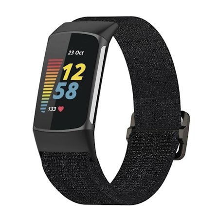 Svart Svart Nylon Klockarmband kompatibelt med Fitbit Charge 5