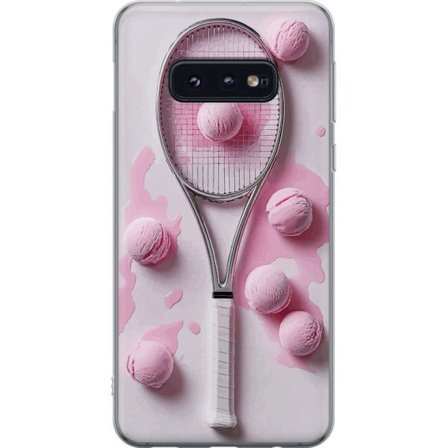 Kompatibel Mobilcover til Samsung Samsung Galaxy S10e Rosa glaskugler og tennisketsjer i et kreativt stillbillede med legende popfølelse og moderne d