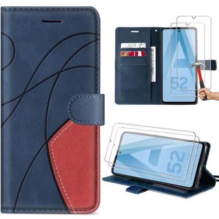 Etui til Samsung Galaxy A52s 5G og A52 5G-4G + 2 hærdet glas, splejset PU læder foliocover med støtteben, marineblå Marinblå, röd