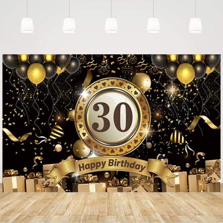 Svart och guld 30:e födelsedagsfestbanderoll bakgrund 30:e födelsedag fotobås rekvisita för män kvinnor födelsedagsfest bakgrund dekoration tillbehör