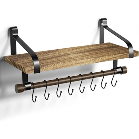 Flytende hylle Vegghylle for oppbevaring Rustikt tre Kjøkken Krydderhylle med håndklestang og 8 avtakbare kroker for å organisere kjøkkenredskaper 