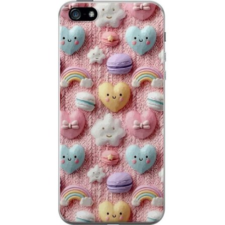 Yhteensopiva Puhelinkuori Apple iPhone 5 Pastellimotiiivi sydämillä, pilvillä, sateenkaarilla ja makaronseilla vaaleanpunaisella taustalla suloisessa