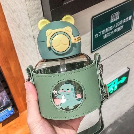 IC Kawaii Vattenflaska Söt Kruka Magkopp med Kopphylsa med Sugrör Bärbar Söt Vattenflaska (Grön, 700 ml)