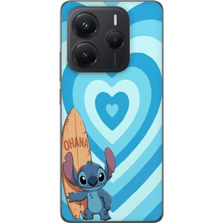 Kompatibelt Mobildeksel til Xiaomi Redmi Note 14 5G Spretten tegnet illustrasjon av Stitch med surfboard og blå hjerter