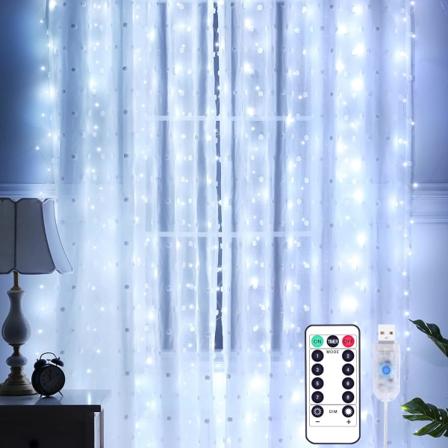 Verhovalot, 3x3m Verhovalot 300 LED Vedenpitävä IP65 Hääverhovalot, 8 Valotilaa, Ajastin Kaukosäädin, Ikkunan Koristelu (Kylmä Valkoinen)