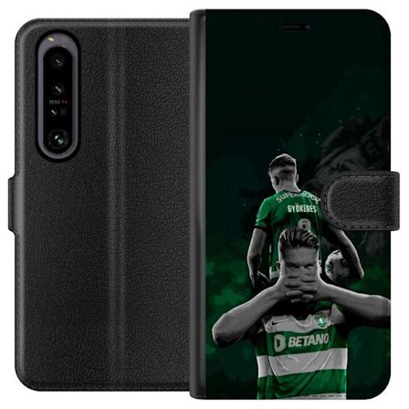 Yhteensopiva Lompakkokotelo Sony Xperia 1 IV Neonmotiivi, jossa teksti "Gaming is in my DNA" sinisenä ja punaisena tiiliseinällä, jossa loistava DNA-s