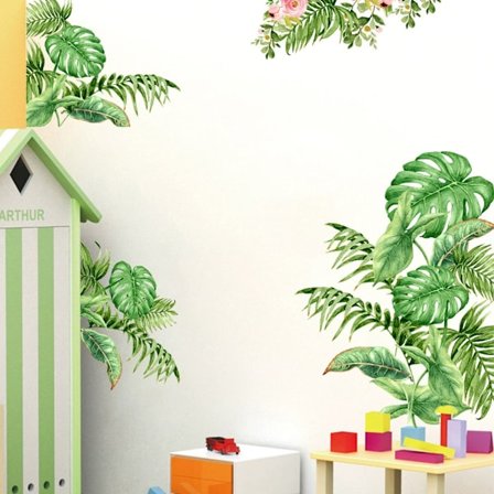 Grønne Blader Planter Veggklistremerke, Skrell og Fest Palmetre Blad Planter Veggdekor Kunstmalerier, Vanntett DIY Veggdekor for Soverom Stue 
