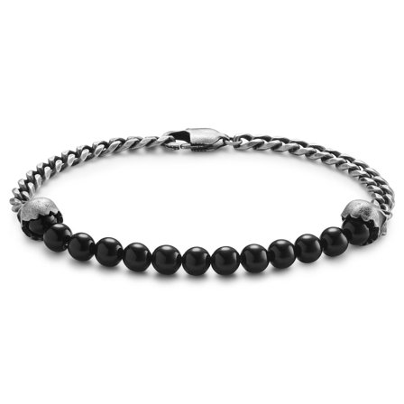 Aspero | Pulsera con cuentas de ónix y calaveras gris para hombres - Pulseras de perlas
