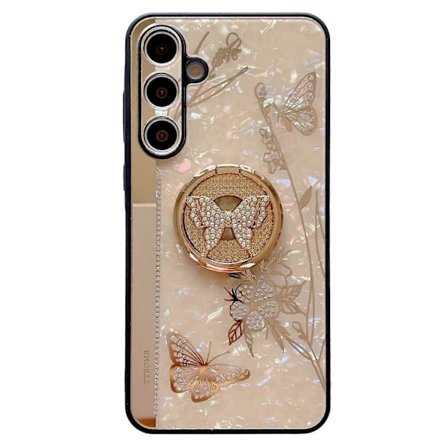 Etui til Samsung Galaxy A35 5G med rhinsten, dekorativt støtteben, TPU+PC sommerfugl blomster telefoncover