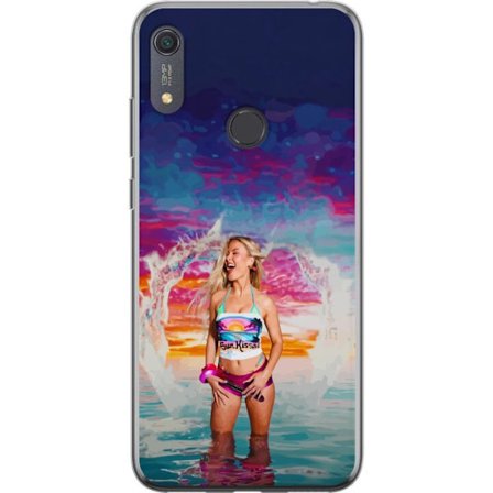 Kompatibel Mobilcover til Huawei Y6s (2019) Blond kvinde i farverigt strandtøj, der leger i havet ved solnedgang