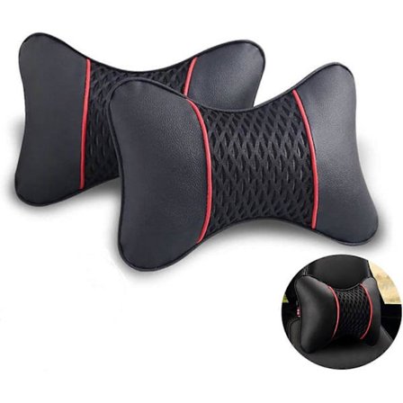 Nakkepude til bil, 2 stk., Universal blød åndbar læder nakkepude til bil - Sort+rød