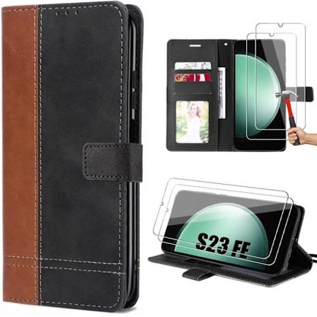 Skyddsfodral - BOOLING - för Samsung Galaxy S23 FE - Läderlook Brun - Stötabsorberande - 2 Härdade glas ingår