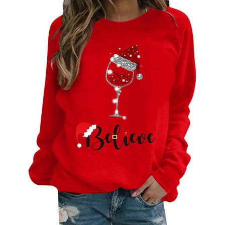 Jul Kvinner Langarmet T-skjorte med Trykk Xmas Casual Løse Genser Skjorter Rundhals Bluser Pullover Jumper Topper Rød M