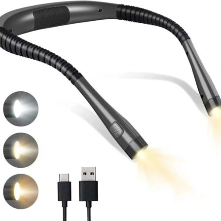 Genopladelig læselampe til nakken, læselampe til læsning i sengen - Trinløs dæmpning & 3 farver øjenbeskyttelse