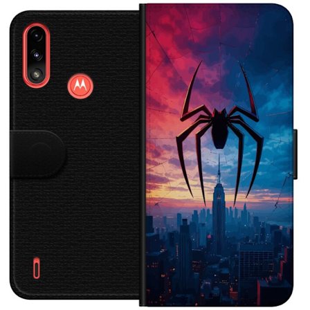 Yhteensopiva Lompakkokotelo Motorola Motorola Moto E7 Power Tyylikäs hämähäkki kaupungin horisontin yläpuolella dramaattisessa auringonlaskussa,