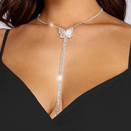 Sommerfugl Choker Halskjeder Sølv Rhinestone Lang Kjede Halskjede Blankt Krystall Halskjede Smykker for Kvinner og Jenter SØLV