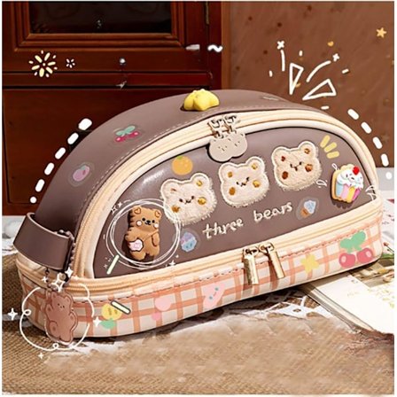 Kawaii blyantveske med klistremerke søt bjørn rosa blyantvesker stor blyantveske kawaii kontorrekvisita (Boba Bear)