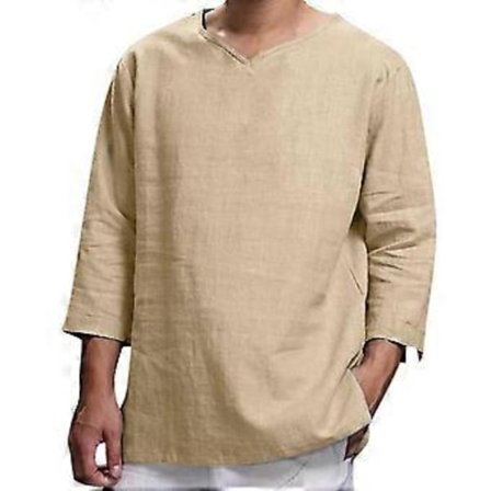 hmwy-ensfarvet linned-look t-shirt mænd 3/4 ærme v-hals afslappet tee shirt baggy toppe (2XL Khaki)