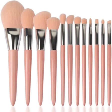 12-delt makeupbørstesæt med træhåndtag, syntetiske børstehår, vegansk kosmetisk makeupbørstesæt, ansigtspudder, concealere, øjenskygge og blush 