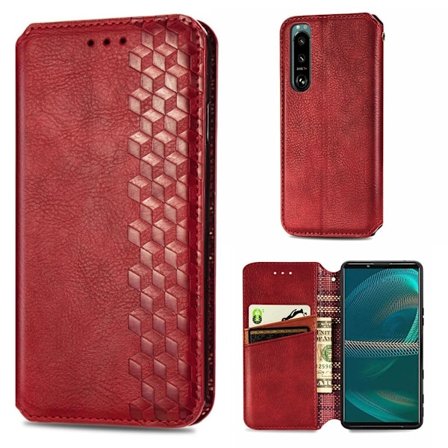Läder Sony Xperia 5 III fodral med romb-design - Röd