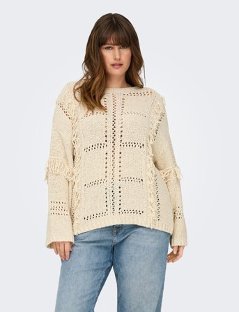 ONLY Carmakoma Caryrsa Life Ls Fringe O-Neck Knt - Cream - 46-48