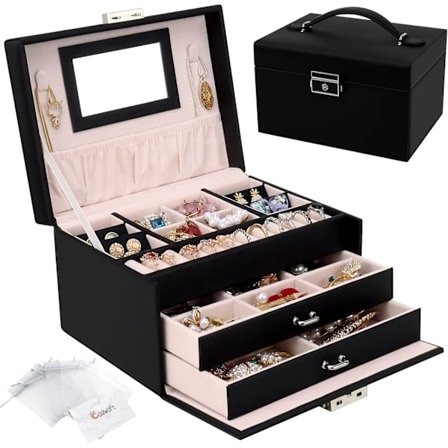 Smykkeskrin Organizer, 3 Lag PU Læder Smykkeopbevaringsetui med Spejl og Lås, Låsbart Smykkeskrin med 2 Skuffer til Ringe