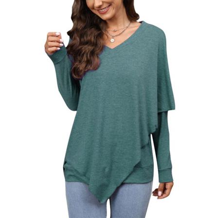 Dam Långärmad V-hals T-shirt Oregelbunden Fåll Baggy Pullover