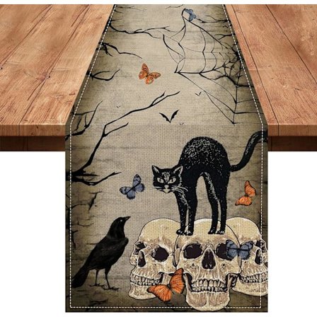Halloween-bordsduk, svart katt skelett retro cool skalle kråka Halloween-dekoration för kök inredning hemfest rum