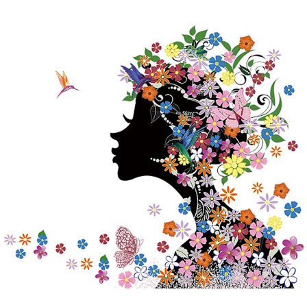 1 stk. Fejervægklistermærke med farverige blomster, vægklistermærke med sort, smuk pige, aftageligt vægklistermærke med sommerfugl, gør-det-selv-