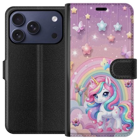 Kompatibel Tegnebogsetui til Apple iPhone 17 Pro Magisk enhjørning med regnbue manke, stjerner og sommerfugle mod en pastelfarvet himmel med skyer