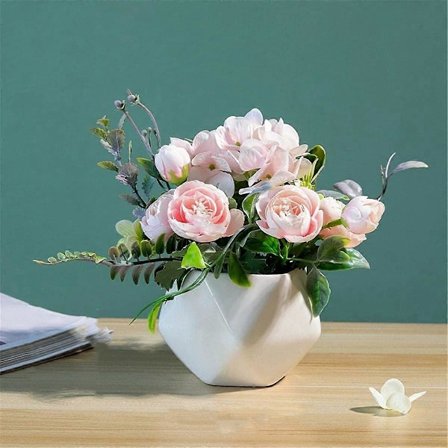 Pink Kunstige Blomster Med Pæon Blomsterpotte - Kunstige Plastikblomster - Til Hjemmet, Bord