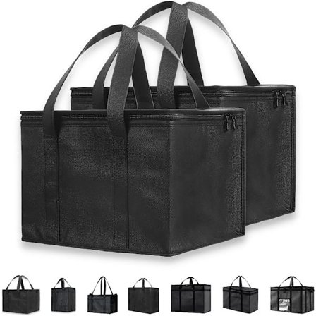 Genanvendelig isoleret køletaske (lille, 2 stk. 29*23*23cm) til madlevering og dagligvareindkøb med lynlås i toppen, sort