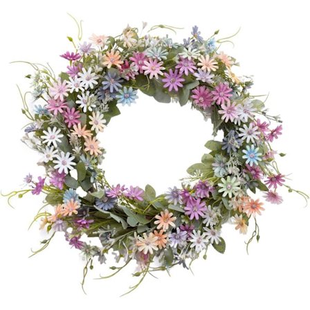 Krans med krysantemum och gröna blad, dörrkrans för alla årstider