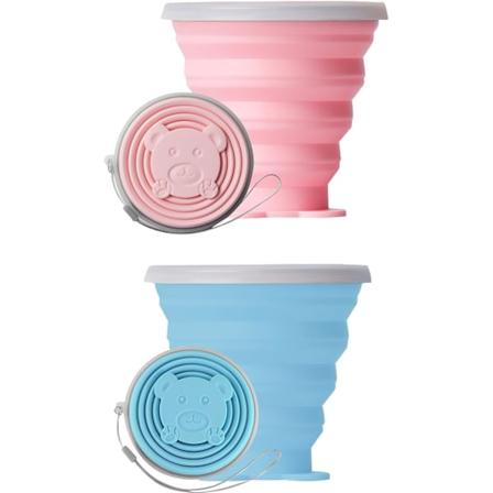 2-pack Vikbara Silikonmuggar med Lock, 270 ml Bärbara Återanvändbara Resemuggar, Hopfällbara Campingdricksmuggar, Rosa och Blå