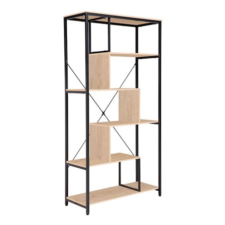 Bogreol, naturtræ og sort metal, 85x35x163 cm