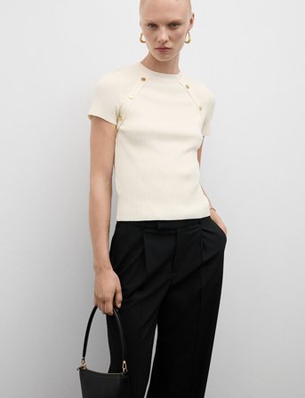 Mango Short-Sleeved Ribbed Sweater With Buttons - Cream - XS