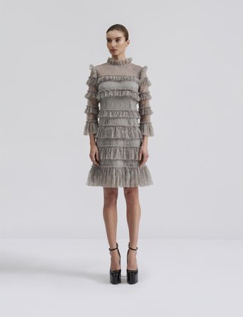 Malina Carmine Frill Mini Lace Dress - Grey - S