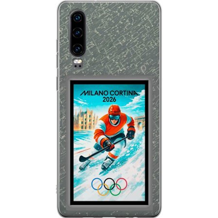 Yhteensopiva Puhelinkuori Huawei P30 Curlingkuvitus pelaajilla ja kivillä jäällä, Milano Cortina 2026, lumisia roiskeita ja olympiasormukset