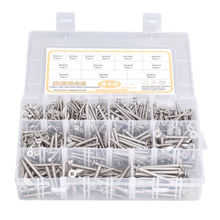 510 stk. 304 rustfritt stål forsenket hode kryss selvskjærende skrue sortimentssett M3 M4 M5
