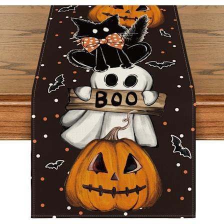 Polka Dot Spøkelsesgresskar Katt Boo Halloween Bordløper, Flaggermus Sesonghøst Kjøkken Spisestue Borddekorasjon for Hjemfest Dekor 13x72 Tommer