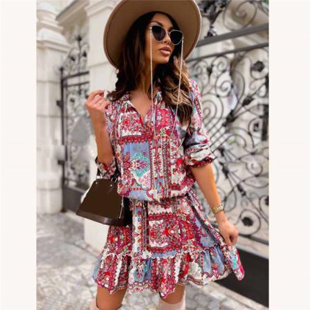 Höst Lös V-ringad Print Snörning Vintage Klänning Casual Långärmad