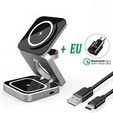 3 in 1 Vikbar Trådlös Laddare Stång Docka För iPhone 15 14 13 12 Pro Max Klocka 8 7 Hållare Magnetic Snabb Laddningsstation För iPhone black with EU 